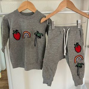 Munster Toddler Tracksuit in Grey w/ Palm Tree, Rainbow and Strawberry Patches.